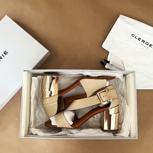 Robert Clergerie - Abstract Sandals Ivory Leather Block Gold Heels Size 7.5/38B